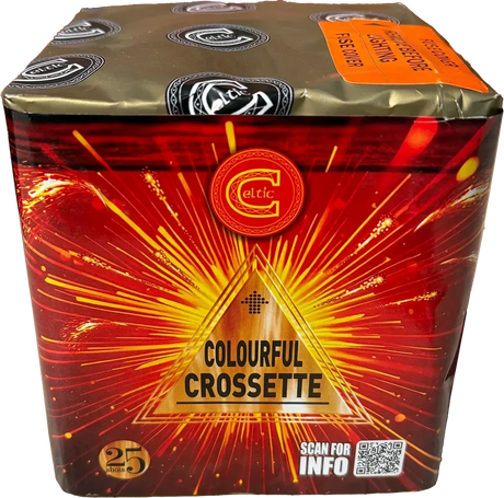Colourful Crossette 25-shot low-noise F2 cake firework by Celtic