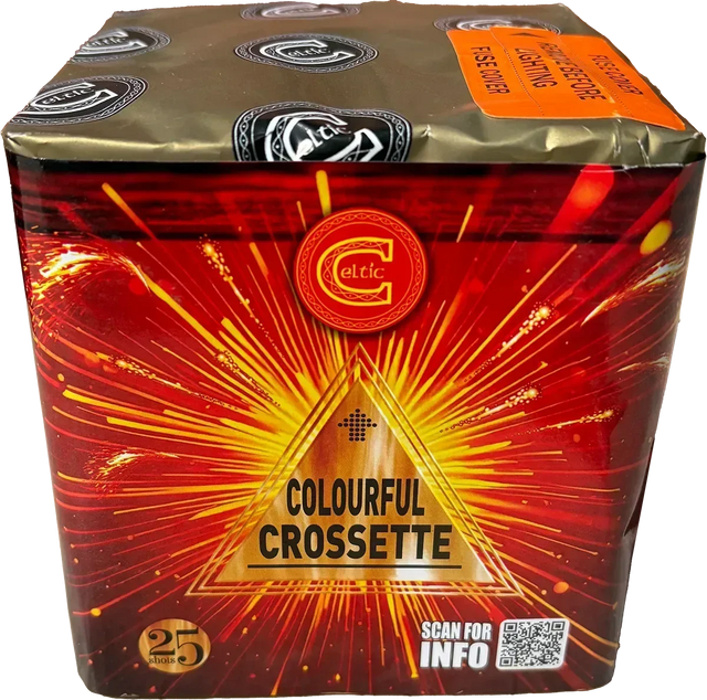 Colourful Crossette 25-shot low-noise F2 cake firework by Celtic