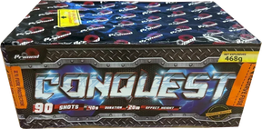 Conquest 90-shot fanned F2 cake firework by Primed Pyrotechnics
