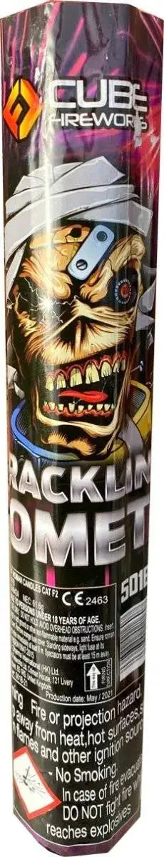 Crackling Comets Roman Candle by Cube Fireworks with 56 shots, featuring bold comic-style artwork and low-noise performance for garden parties.