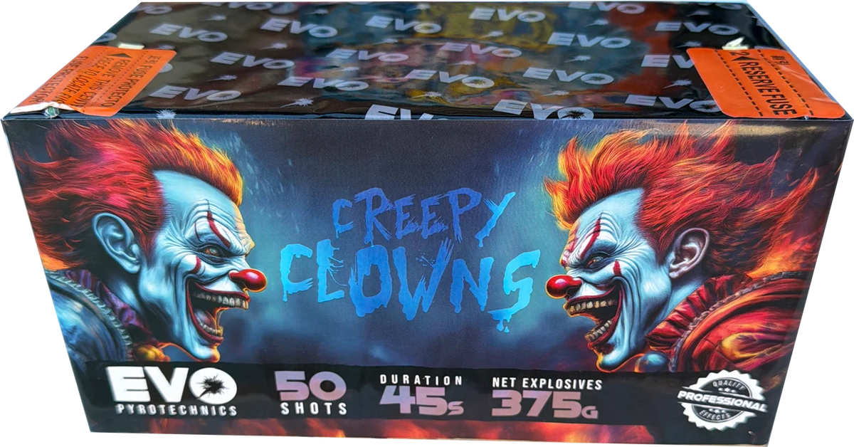 Creepy Clowns 50-shot F2 cake firework by Evo Fireworks