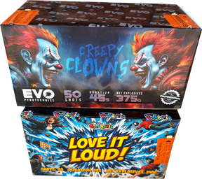Creepy Clowns & Love It Loud firework bundle by Evo Fireworks and Galactic Fireworks