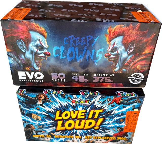 Creepy Clowns & Love It Loud firework bundle by Evo Fireworks and Galactic Fireworks