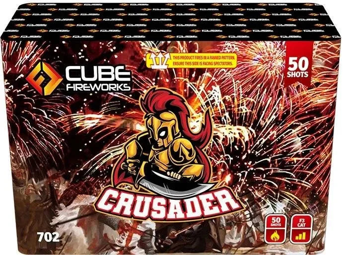 Crusader 50-shot fanned F3 cake firework by Cube Fireworks