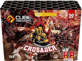 Crusader 50-shot fanned F3 cake firework by Cube Fireworks