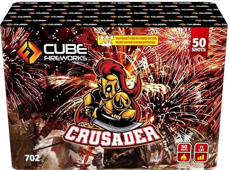 Crusader 50-shot fanned F3 cake firework by Cube Fireworks