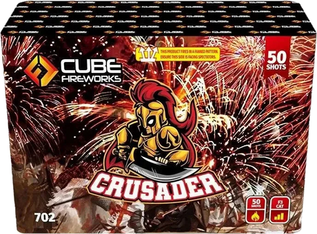 Crusader 50-shot fanned F3 cake firework by Cube Fireworks