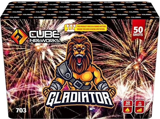 Gladiator 50-shot rapid-fire fanned cake by Cube Fireworks with bold lion warrior artwork and explosive background, ideal for dramatic displays.