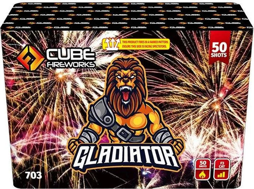 Gladiator 50-shot rapid-fire fanned cake by Cube Fireworks with bold lion warrior artwork and explosive background, ideal for dramatic displays.