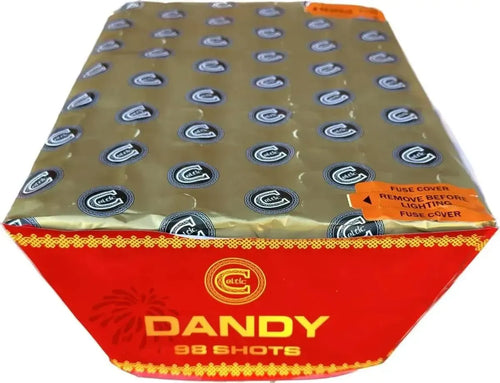 Dandy 98-shot low-noise fanned cake by Celtic Fireworks in red and gold packaging, ideal for vibrant yet quiet party displays.