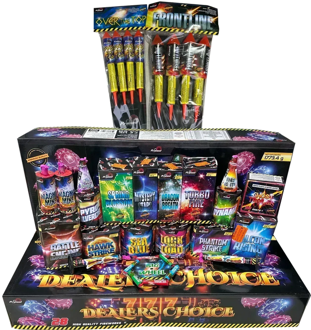 Dealers Choice 28-piece F3 firework selection box by Primed Pyrotechnics