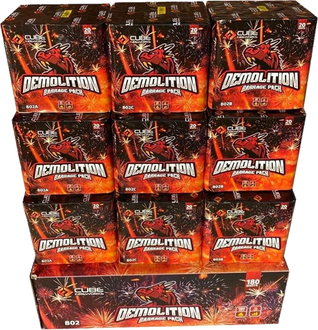 Demolition 9-cake F2 cake pack firework by Cube Fireworks