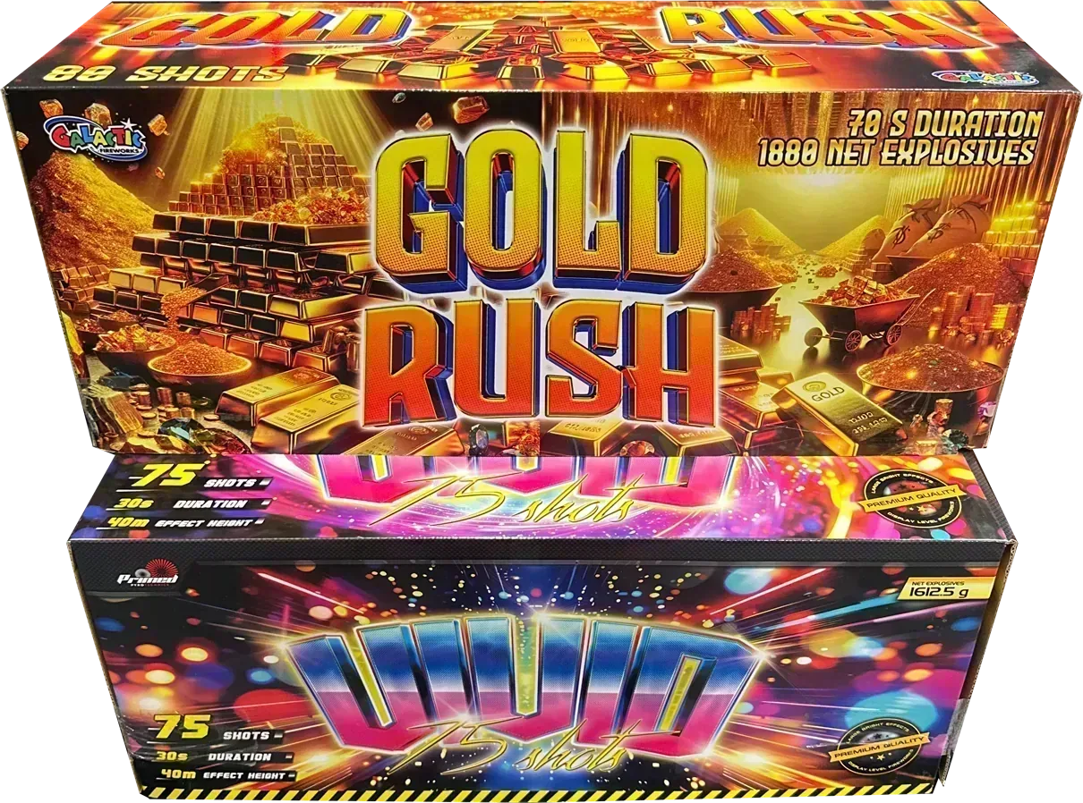 Gold Rush and Vivid compound firework barrage bundle by Galactic Fireworks