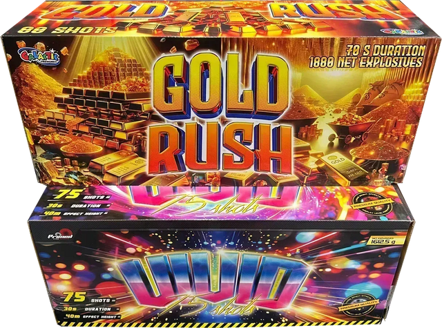 Gold Rush and Vivid compound firework barrage bundle by Galactic Fireworks