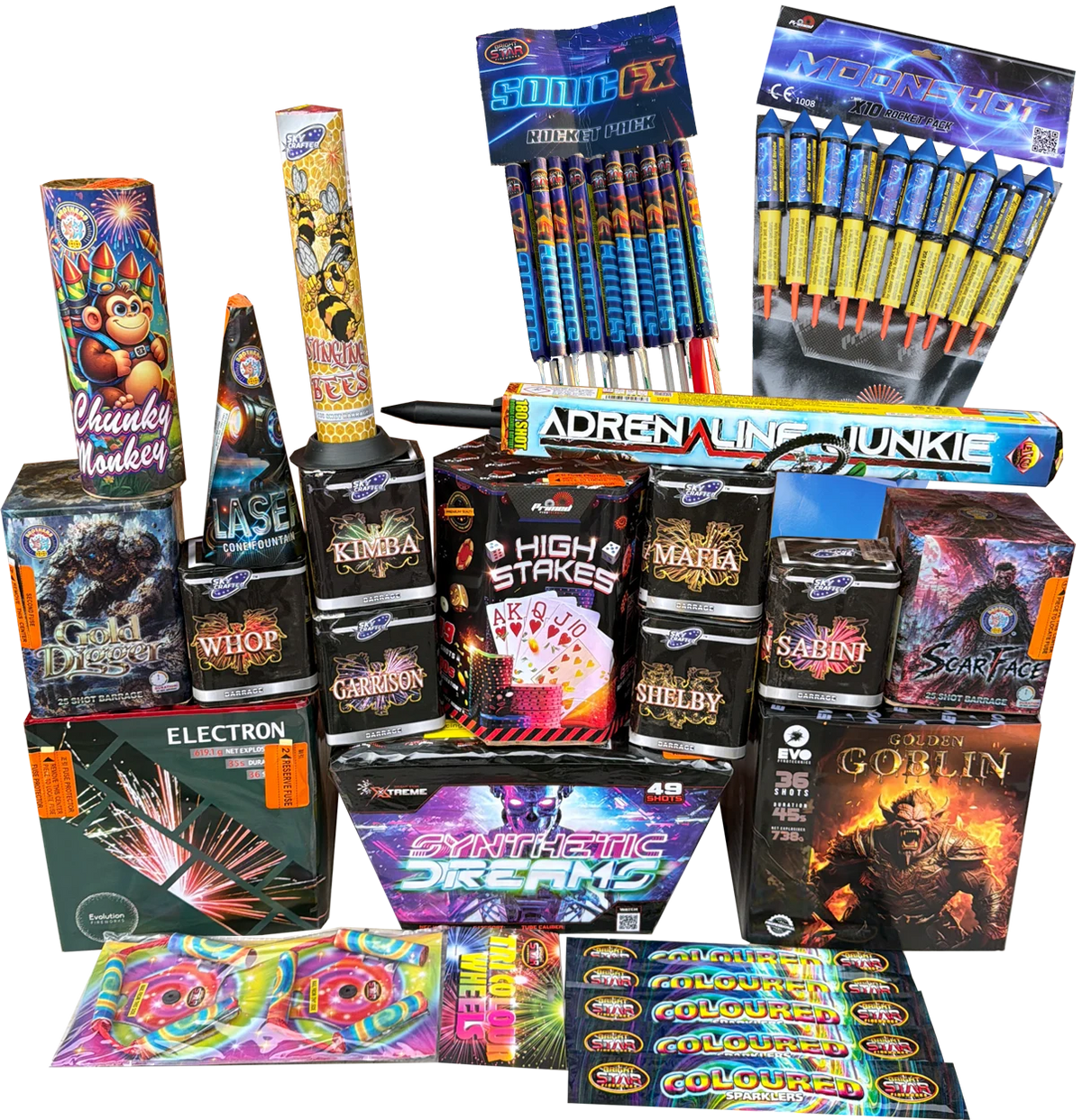 Electrifying Pack complete display, all twenty fireworks, rockets and sparklers