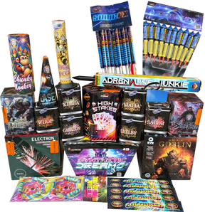 Electrifying Pack complete display, all twenty fireworks, rockets and sparklers