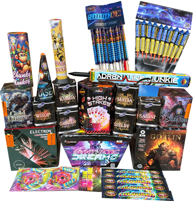 Electrifying Pack complete display, all twenty fireworks, rockets and sparklers