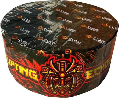 Erupting Echoes 200-shot cake by Cube Fireworks with bold red and black packaging featuring a fierce warrior mask design.