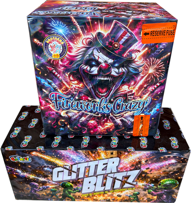 Fireworks Crazy & Glitter Blitz firework bundle by Brothers Pyrotechnics and Galactic Fireworks