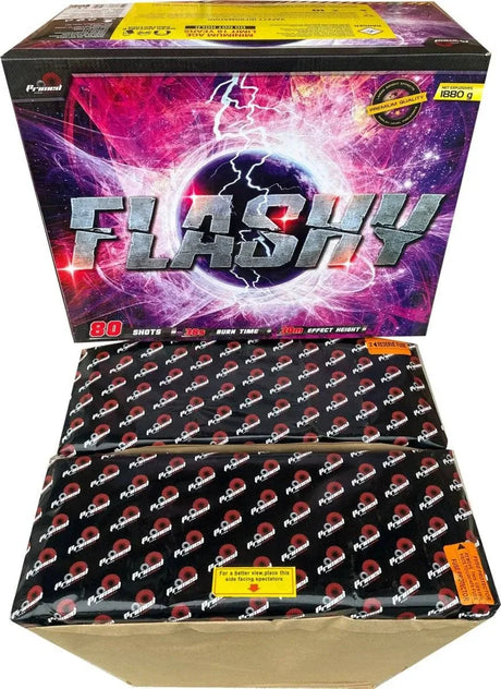 Flashy 80-shot fanned F3 compound firework by Primed Pyrotechnics