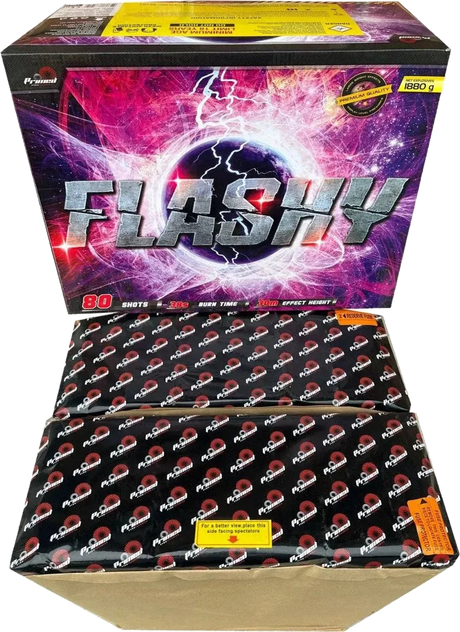 Flashy 80-shot fanned F3 compound firework by Primed Pyrotechnics