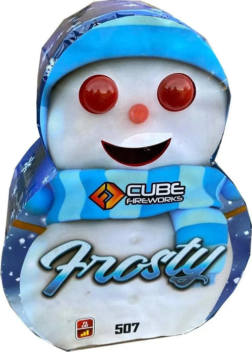Frosty The Snowman Fountain by Cube Fireworks features a smiling snowman design in blue winter attire, ideal for festive party celebrations.