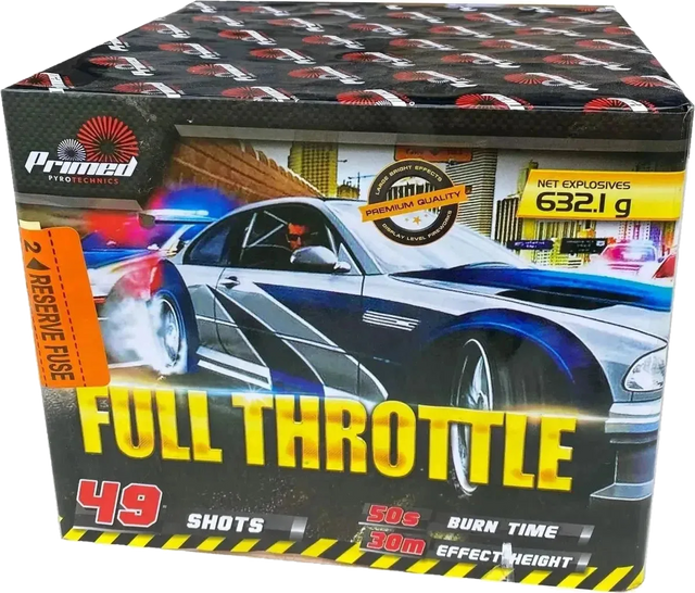 Full Throttle 49-shot F3 cake firework by Primed Pyrotechnics