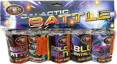 Galactic Battle | Pack of 5 Vibrant Firework Cakes by Bright Star featuring colorful 19-shot barrages for garden celebrations and party displays.