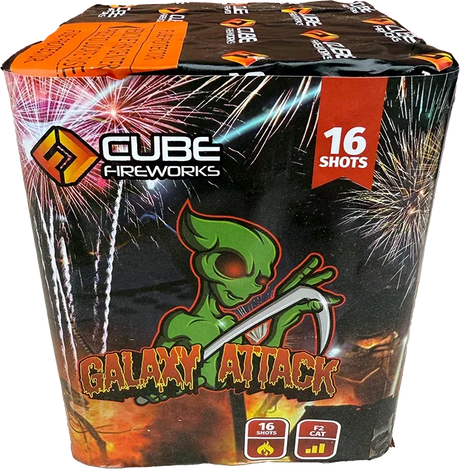 Galaxy Attack 16-shot cake firework by Cube Fireworks