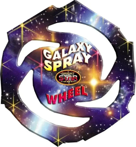 Galaxy Spray Wheel by Bright Star Fireworks features a cosmic-themed design with vibrant stars, ideal for garden firework displays.