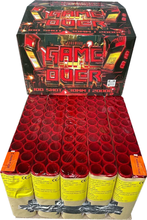 Game Over 100-shot finale compound firework by Pyroworx, shown out of box