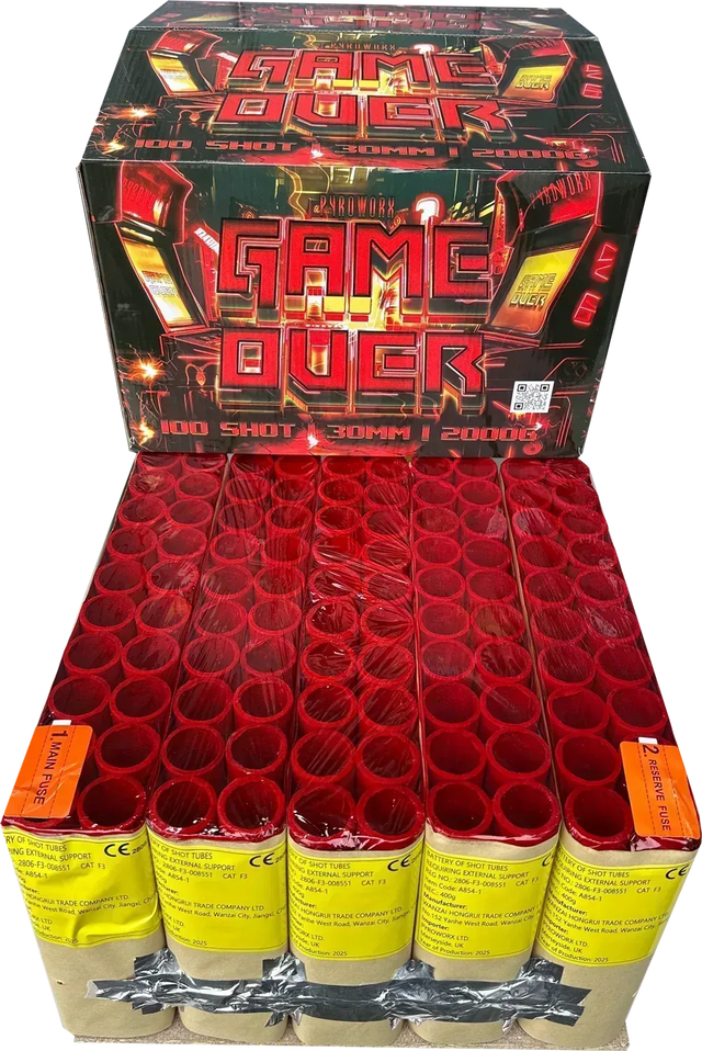 Game Over 100-shot finale compound firework by Pyroworx, shown out of box
