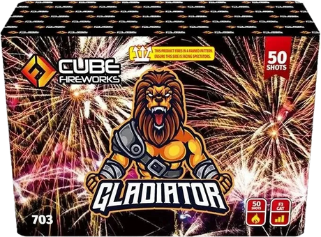 Gladiator 50-shot fanned F3 cake firework by Cube Fireworks