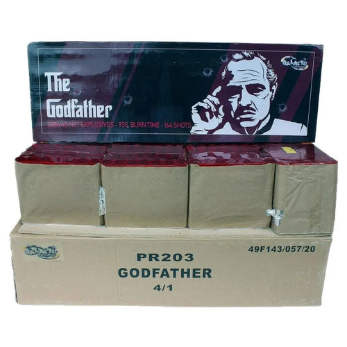 Godfather 164-shot compound cake by Primed Pyrotechnics in retail packaging, featuring bold branding and multiple firework units.