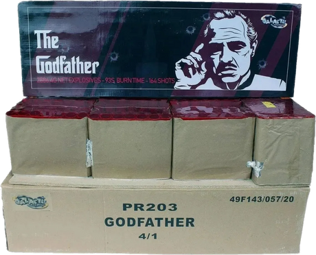 Godfather firework by Galactic, 164-shot 1.3G F3 fanned compound cake