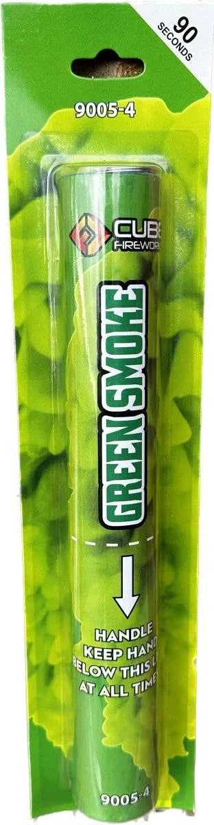 Green Handheld Smoke Grenade by Cube Fireworks in retail packaging, labeled for 90 seconds of vibrant green smoke effect for celebrations.