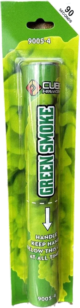 Green Handheld Smoke Grenade by Cube Fireworks, deep-green wire-pull smoke, 60–90 seconds