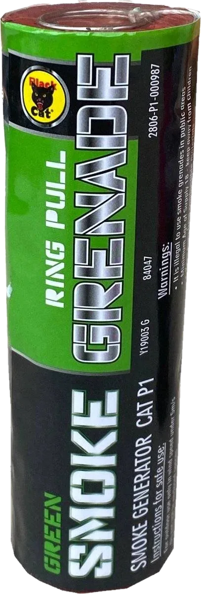 Green Smoke Grenade by Black Cat, single ring-pull smoke grenade