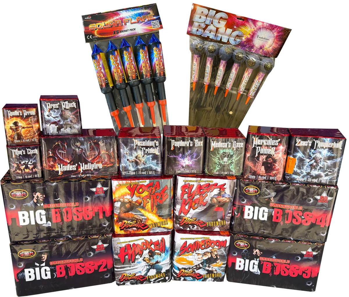 Guy Fawkes Pack 28-piece complete display firework pack by Galactic Fireworks