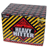 Heavy Hitter Cake by Primed Pyrotechnics in bold hazard-striped packaging, featuring 48 shots and 956g of net explosives for party fireworks.