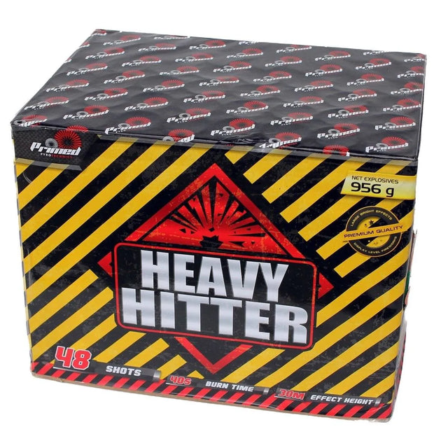 Heavy Hitter Cake by Primed Pyrotechnics in bold hazard-striped packaging, featuring 48 shots and 956g of net explosives for party fireworks.