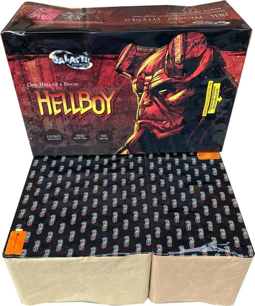 Hellboy Compound Firework by Galactic Fireworks featuring 99 shots and 2kg of explosive power, ideal for party finales and celebrations.