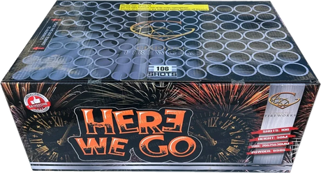Here We Go 106-shot fanned F3 cake firework by Gemstone