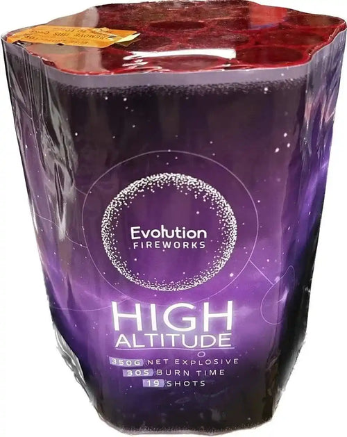 High Altitude 19-shot cake by Evolution Fireworks in purple packaging, ideal for garden celebrations and party displays.