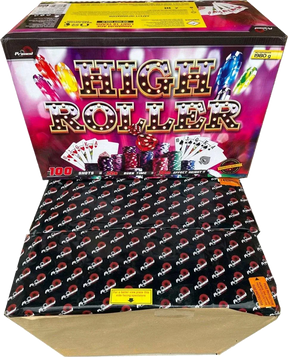 High Roller 100-shot fanned F3 compound firework by Primed Pyrotechnics
