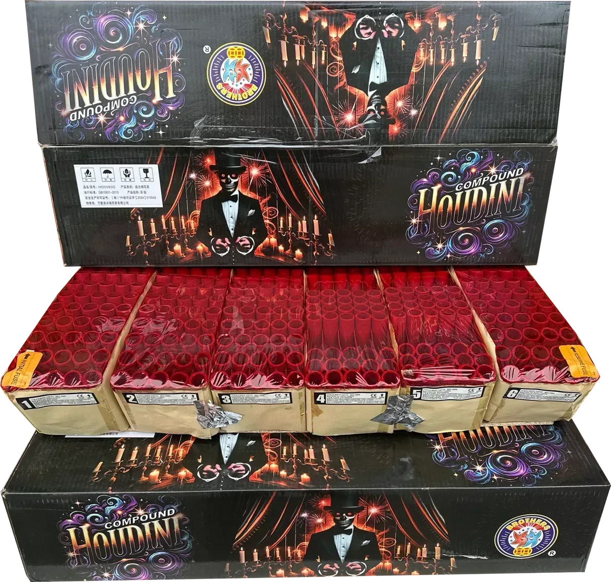 Houdini 300-shot compound firework by Brothers Pyrotechnics, showing packaging for this nearly 3kg pyro powder cake