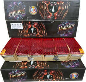 Houdini 300-shot compound firework by Brothers Pyrotechnics, showing packaging for this nearly 3kg pyro powder cake