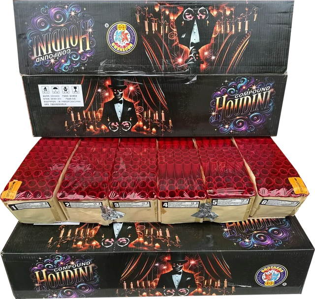 Houdini 300-shot compound firework by Brothers Pyrotechnics, showing packaging for this nearly 3kg pyro powder cake