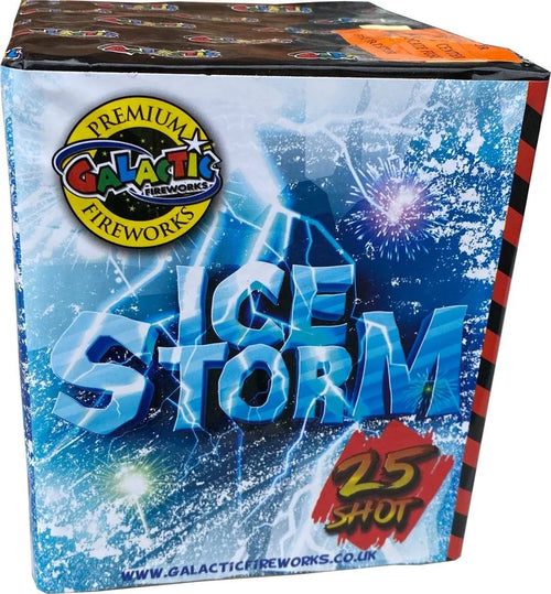 Ice Storm 25-shot crackling cake by Galactic Fireworks with icy blue packaging and lightning graphics, ideal for garden firework displays.
