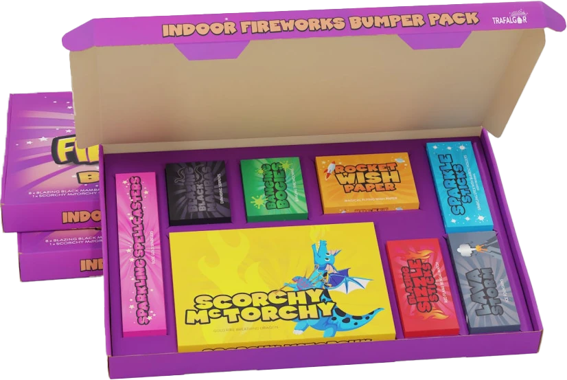 Indoor Fireworks Bumper Box, 30-piece indoor firework pack including snakes, sparklers, ice fountains, fun snaps and wish papers